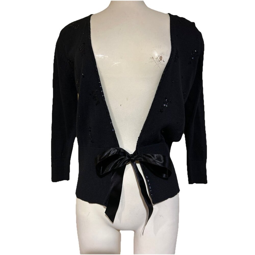 NWT Apostrophe Small Bow Black Cardigan Beads Sequins Coquette Minimal